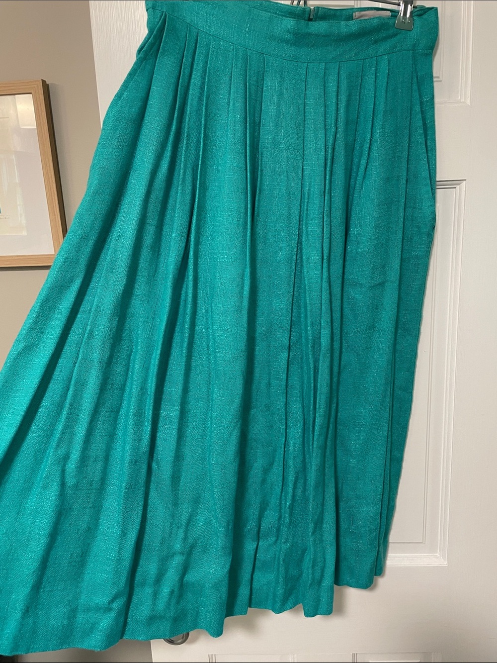 Vintage David Benjamin Flax Rayon Pleated Skirt Turquoise